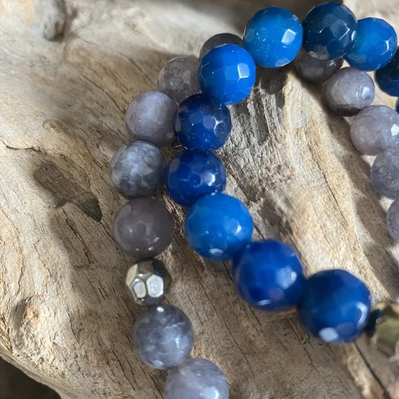 💙Set/2 Beaded Gem Stone Stretch Bracelets Blue/Grey - Picture 5 of 8